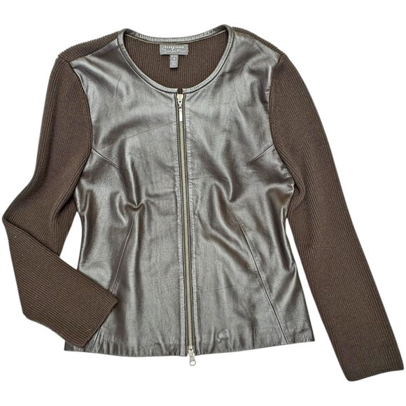 Retro Classiques Entier Brown Leather Ribbed Merino Wool Cardigan Jacket - Picture 5 of 7